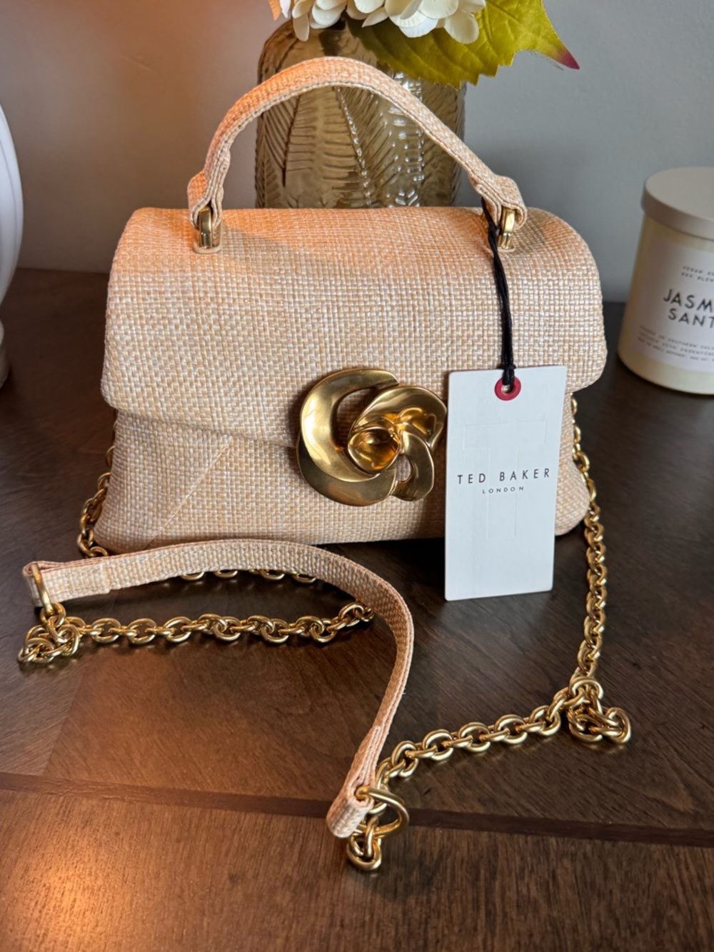 Ted Baker Cream Woven Top-Handle Satchel with Gold Hardware